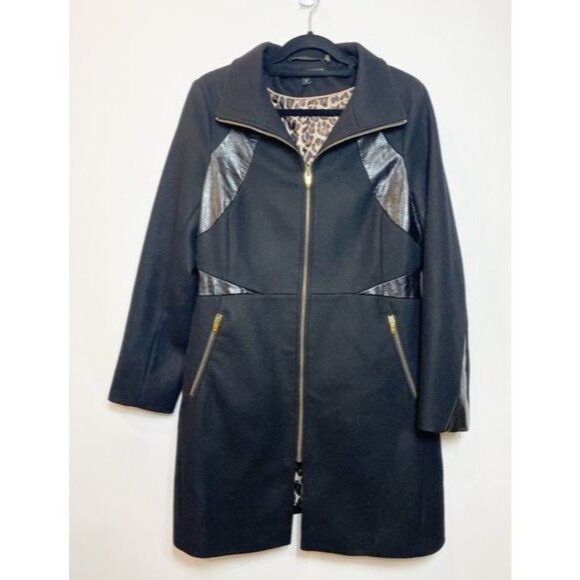 Via Spiga Black Wool Coat With Gold Full Zip & Leather Trim Inserts - Picture 2 of 13